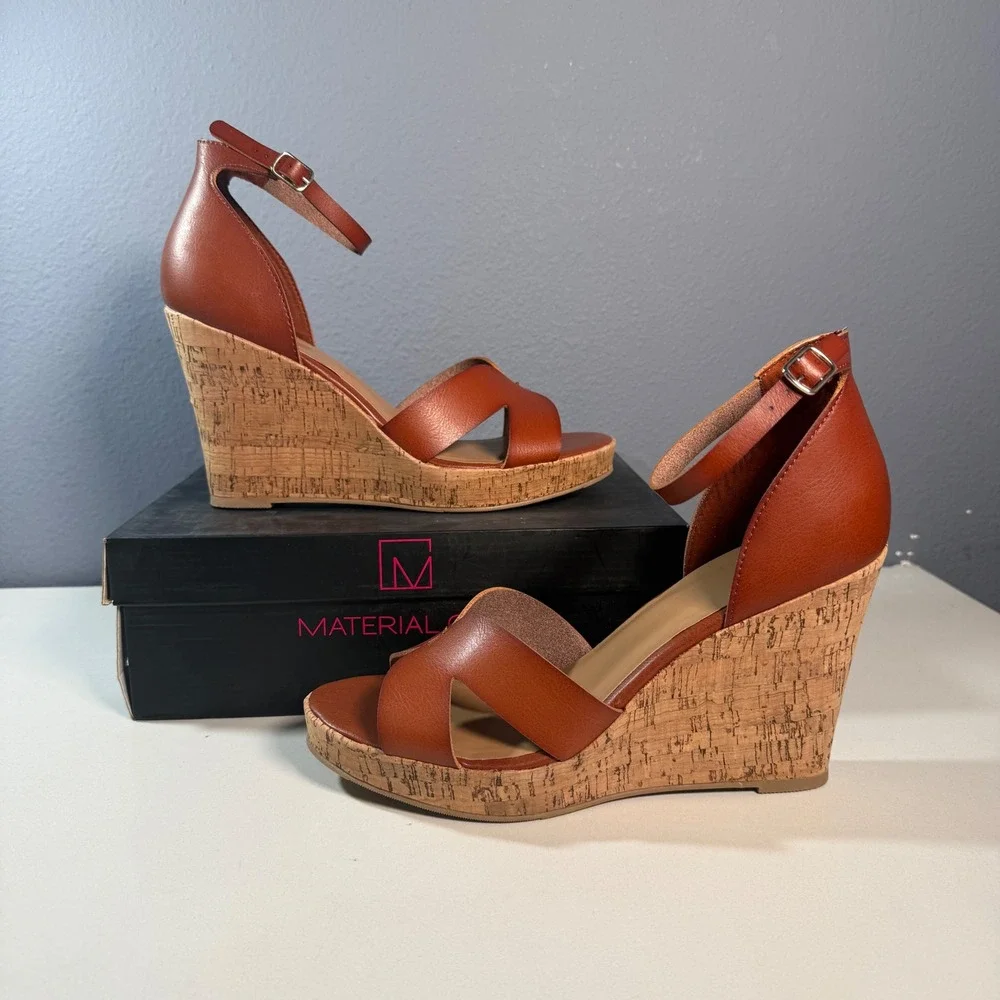 Material Girl Wedge Sandals Brown Cork Ankle Strap. Size 10.5